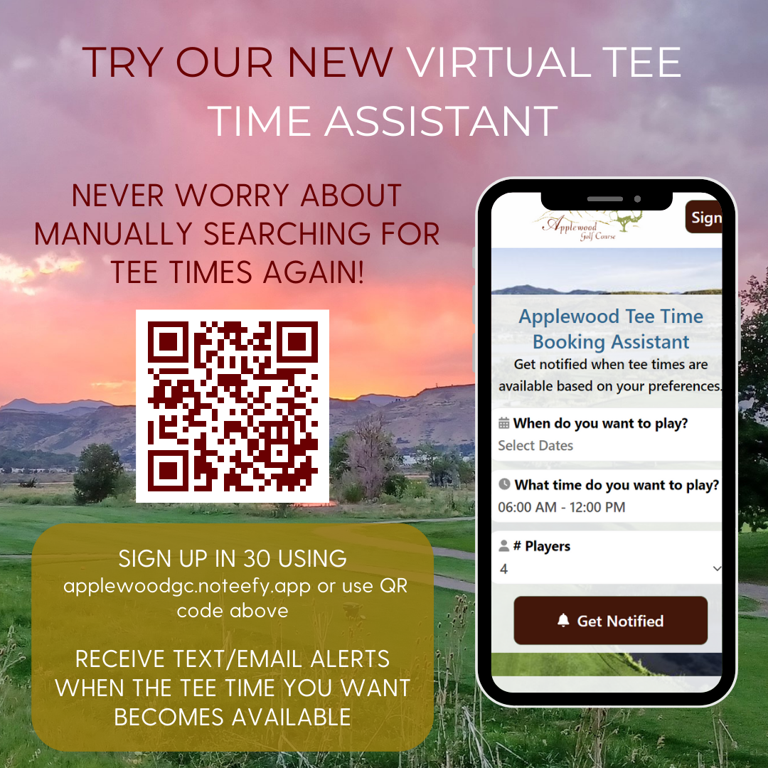 Applewood Golf Course | Tee Times / Engagebox (Popup) - (August 2023) Applewood Golf Course Tee Times / Engagebox (Popup) – (August 2023) Applewood NEW Virtual Tee Time Assistant (Poster)